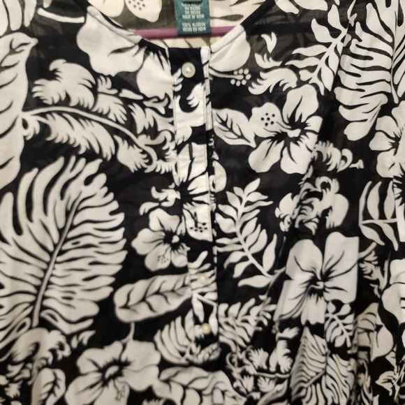 LAUREN Ralph Lauren black and white tropical print relaxed fit blouse size XL - Picture 7 of 9